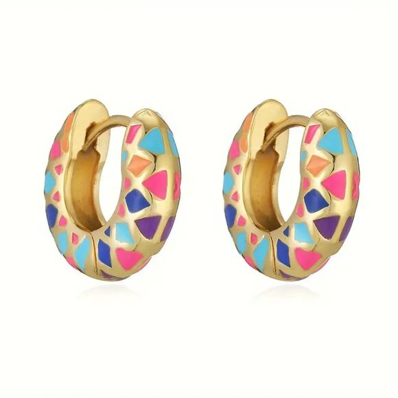 "Olivia" 18k Gold Huggie Hoop Earrings- Multicolored Geometric Design - Picture 1 of 2